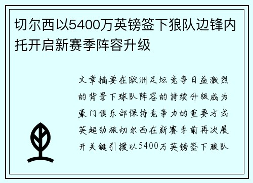 切尔西以5400万英镑签下狼队边锋内托开启新赛季阵容升级